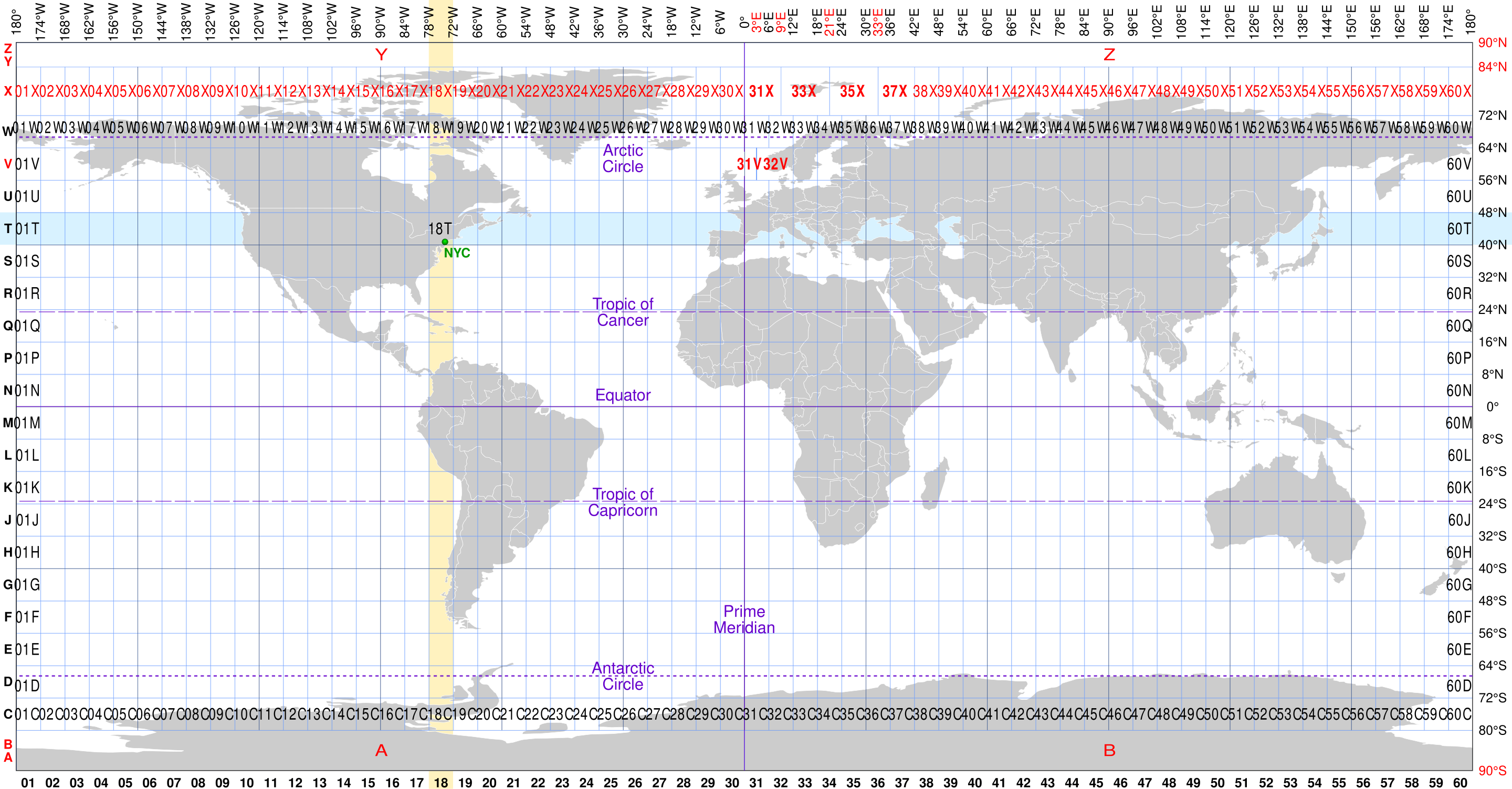 Figure 7.27. Universal Transverse Mercator (UTM) zones on an equirectangular world map with irregular zones labeled in red. Image source: cmglee, STyx, Wikialine and Goran tek-en (2019) via Wikimedia Commons, licensed under Creative Commons BY-SA 4.0.