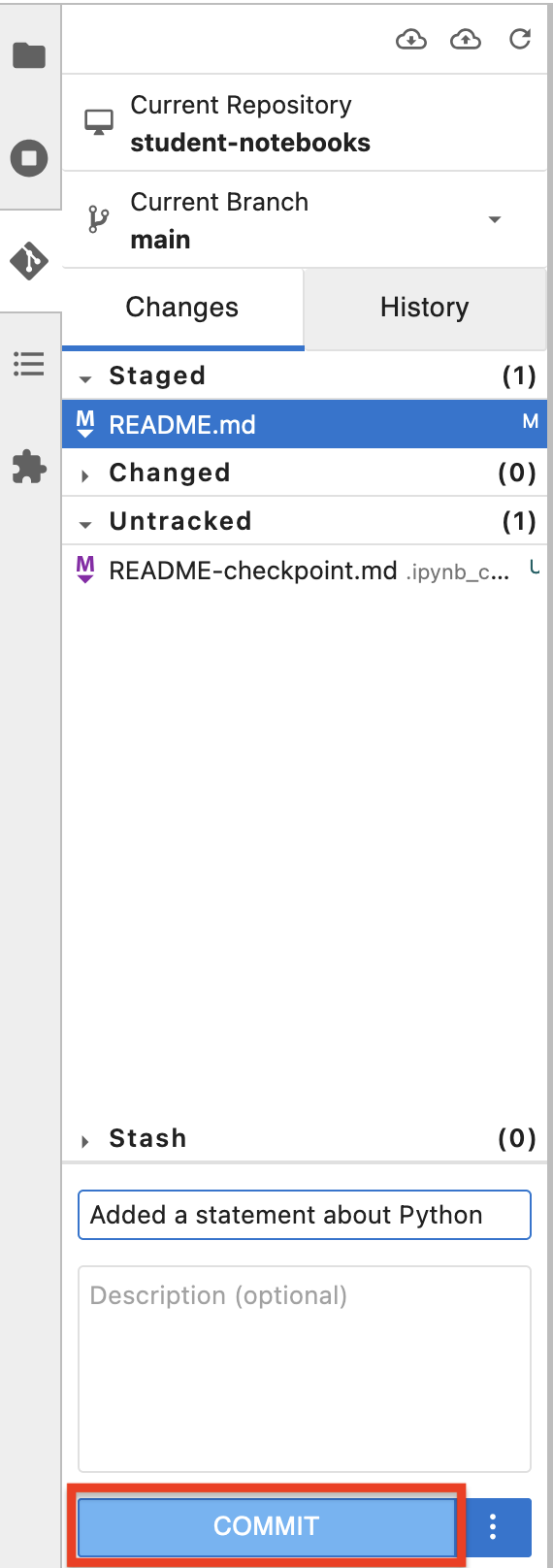 Figure A.X. Committing a change in the JupyterLab extension.