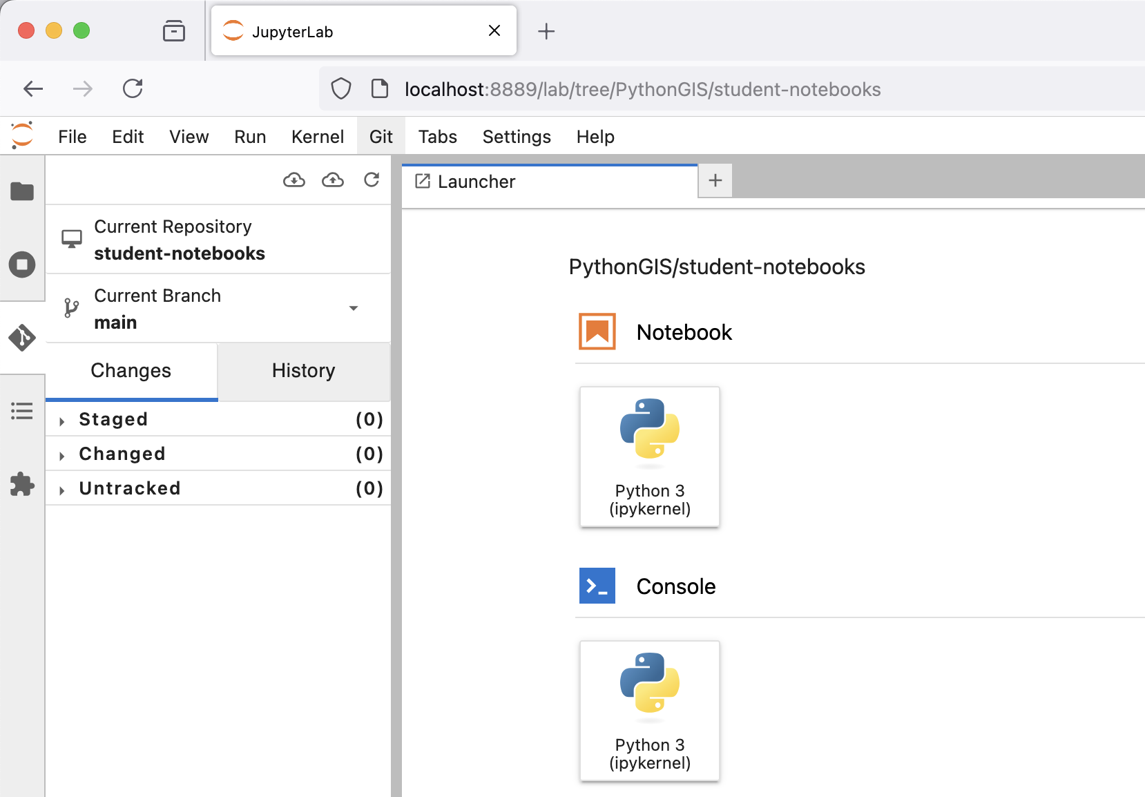 Figure A.X. Checking the repository status in the JupyterLab Git extension.