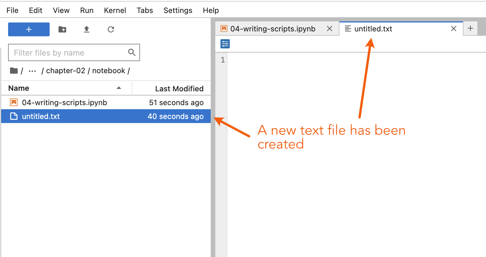 Figure 2.6. The new, empty text file in JupyterLab.