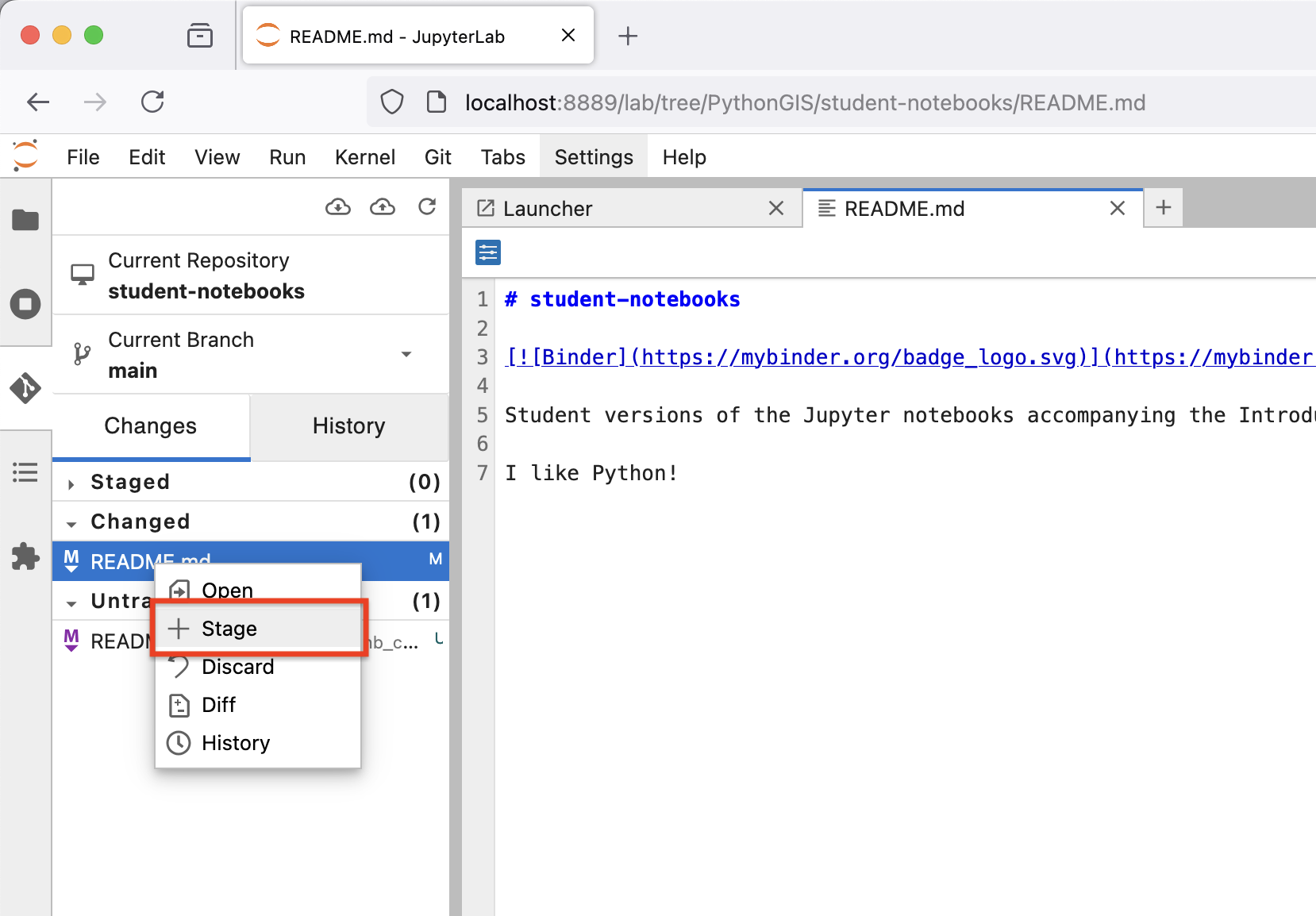 Figure A.X. Staging a file in the JupyterLab extension.