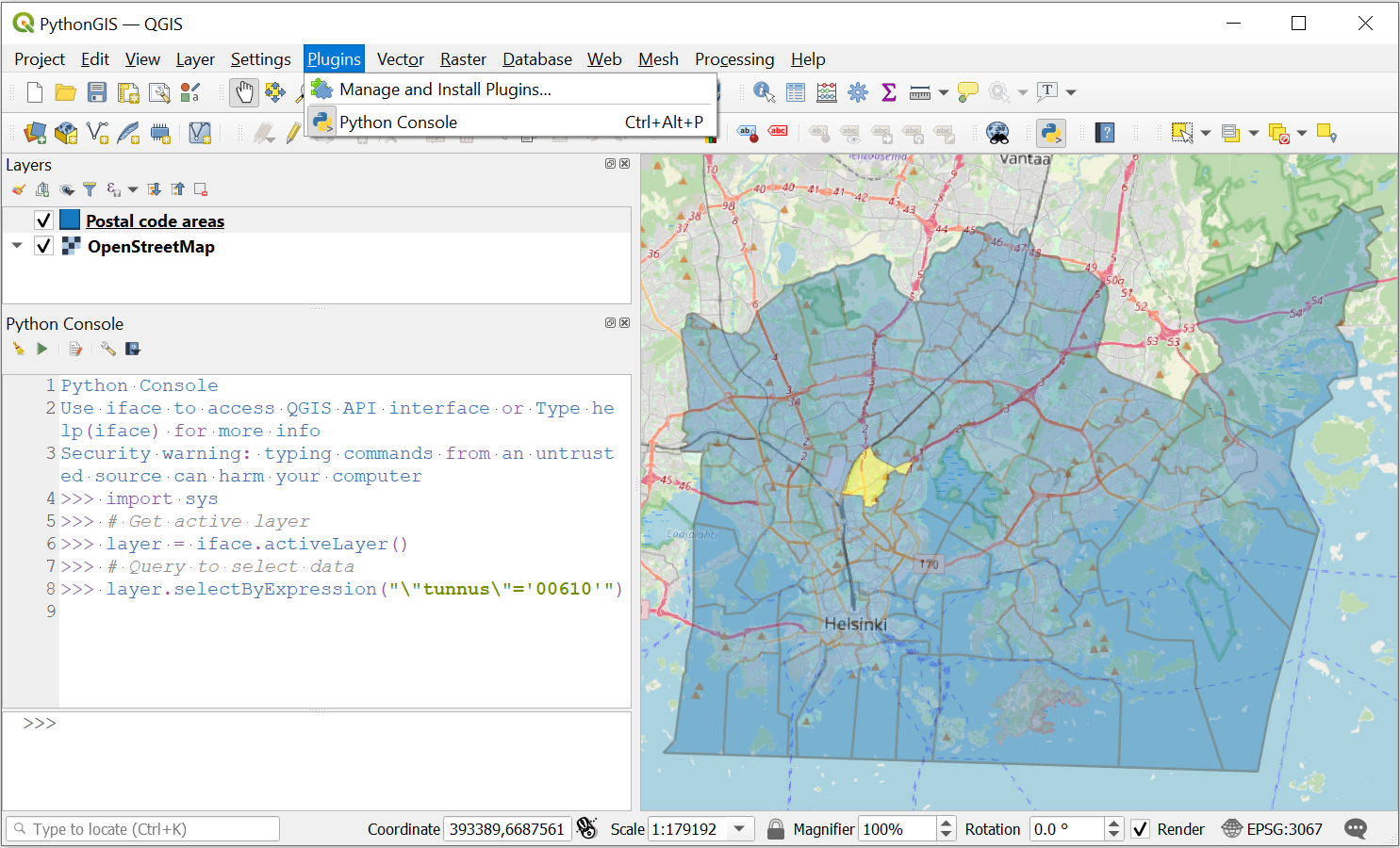 Figure 1.5. Using the Python console to interact with GIS data in the QGIS program (https://www.qgis.org/). Data sources: City of Helsinki 2022, OpenStreetMap Contributors 2022.